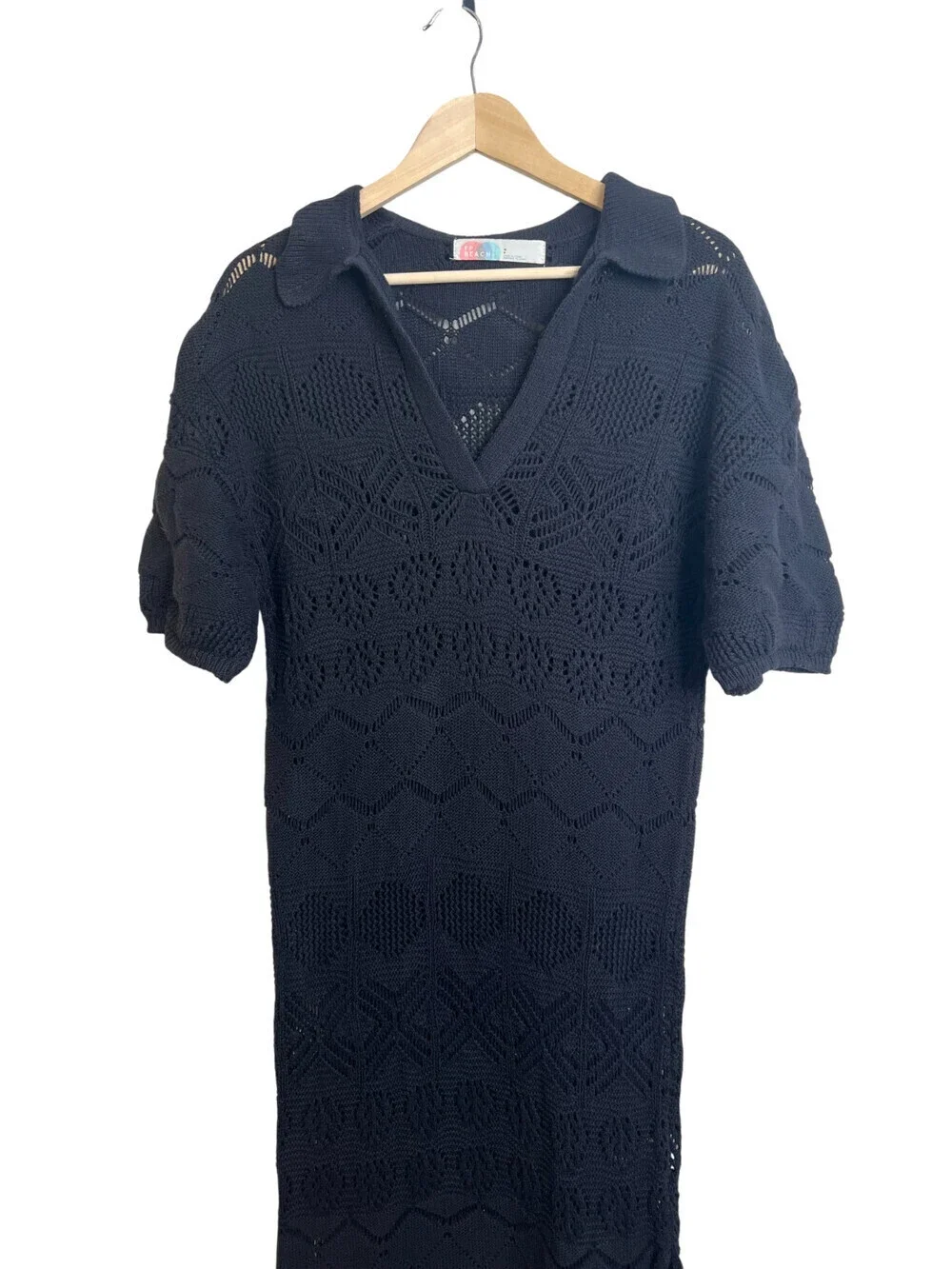 FP Beach Islamorada Crochet Knit Midi Dress Dark Blue Collared Cover Up Size S